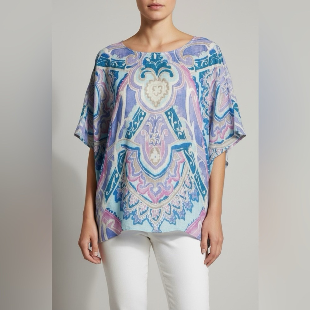 NEW Chico’s Multicolored Pastel Ikat Linen Poncho Women’s Sz S/M